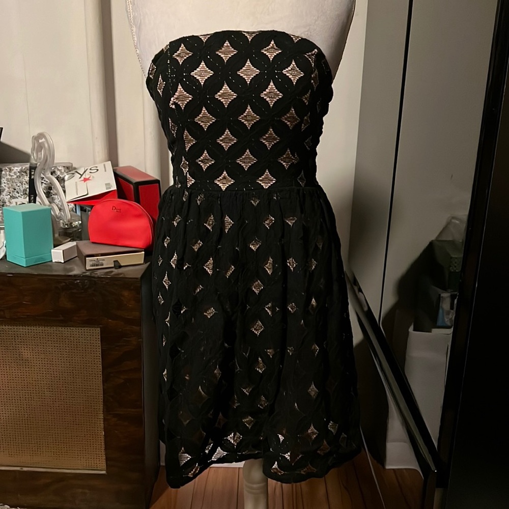 Black crochet tube dress with tan lining medium diamond pattern